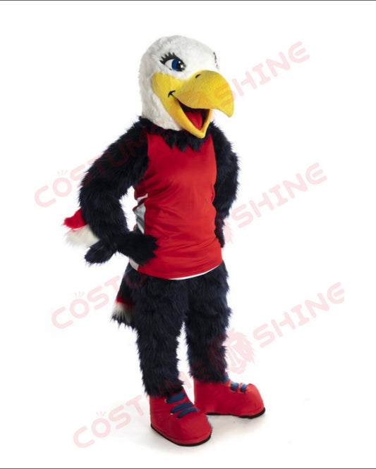 Black Eagle Hawk Mascot Costume in Red Vest - Cartoon Character Animal Fursuit