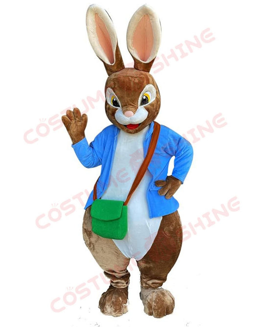 Brown Easter Bunny Rabbit Mascot Costume in Blue Shirt & Green Bag