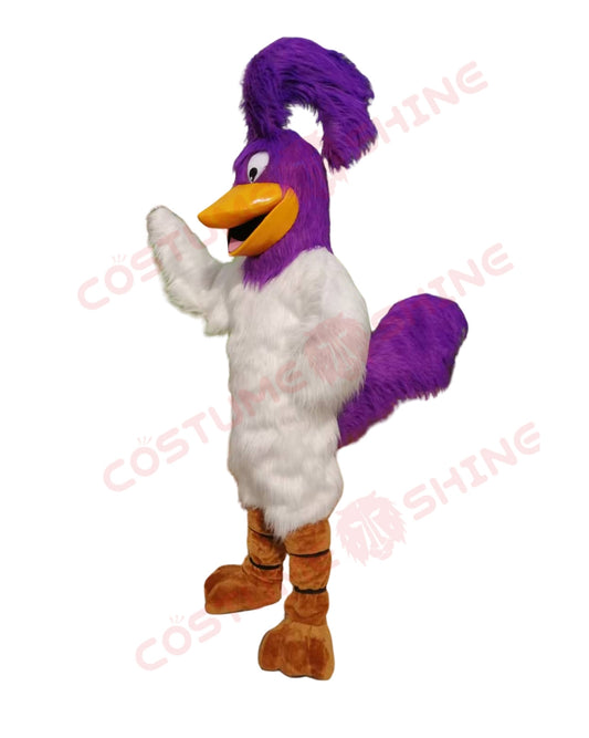 White Roadrunner Mascot Costume for Adults with Purple Head & Tail Animal Cartoon